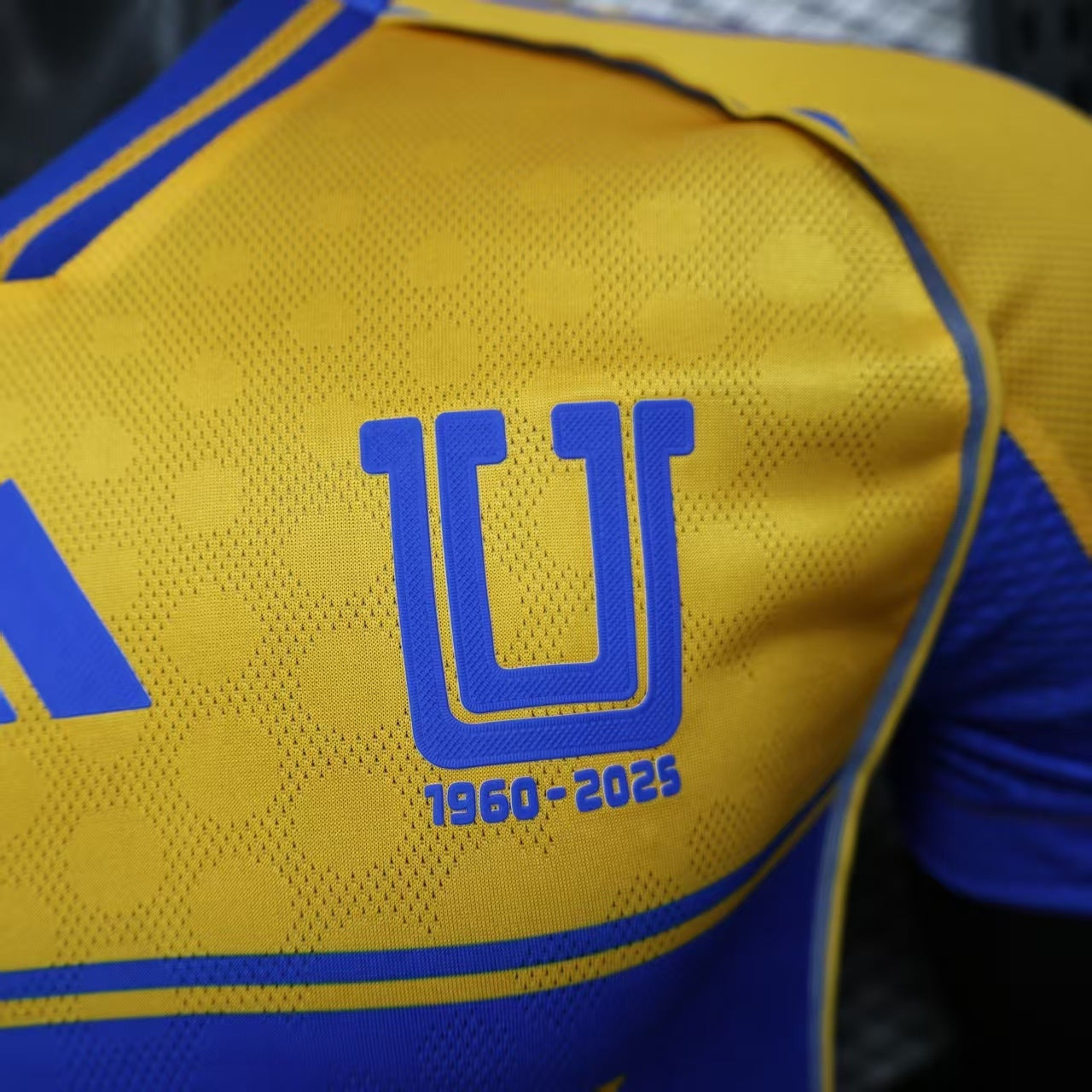 2025/26 Tigres UANL Home Player Version Jersey - Gold Yellow Body - Blue Horizontal Stripe Band - Blue Sleeves - CEMEX Blue Sponsor - Tigres U Crest