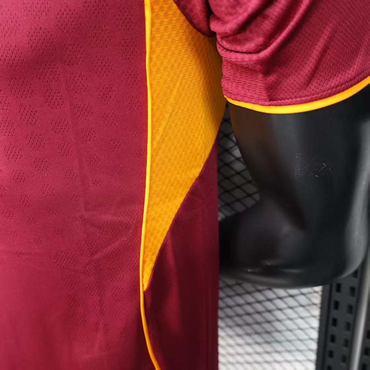 2025/26 AS Roma Home Player Version Jersey - Deep Maroon Body Gold Yellow Side Panel Stripe Seam Detail Gold Yellow Three Stripes - AS Roma Official Shield Crest Gold Yellow Purple She-Wolf Romulus Remus - Men's