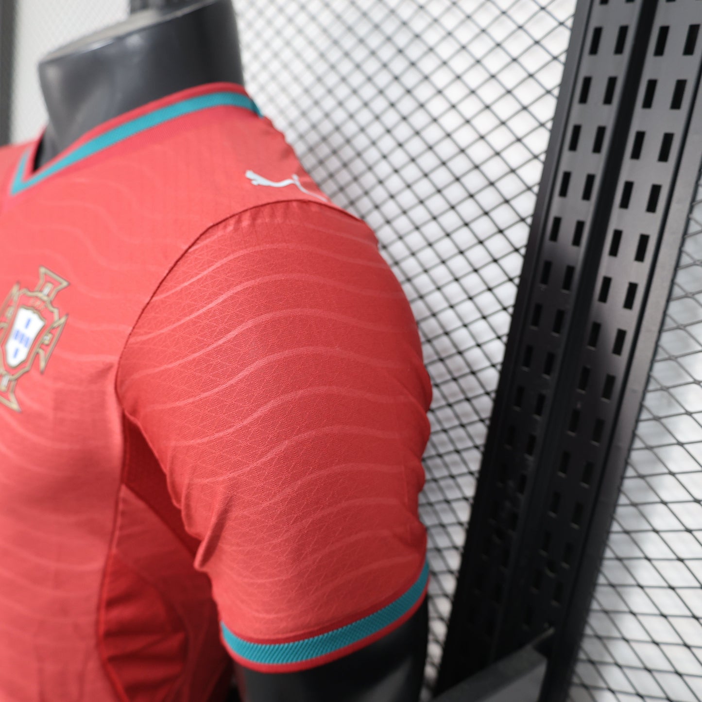 2025/26 Portugal National Team Home Player Version Jersey - Red Tonal Wavy Stripe - Teal V-Neck Collar & Cuff Trim - FPF Crest