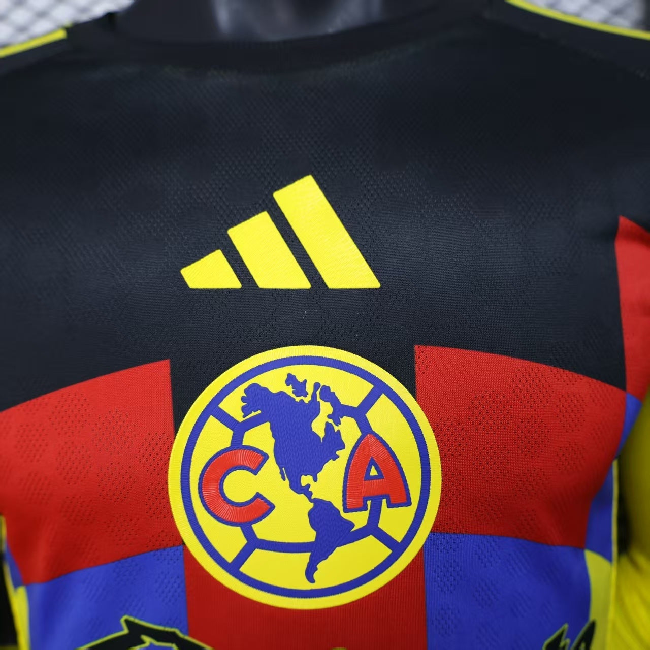 2025/26 Club América Home Long Sleeve Player Version Jersey - Yellow Body Black Upper Chest Red Blue Geometric Colour Block Panels -Yellow Long Sleeves - Club América Crest - Caliente.mx Principal Sponsor