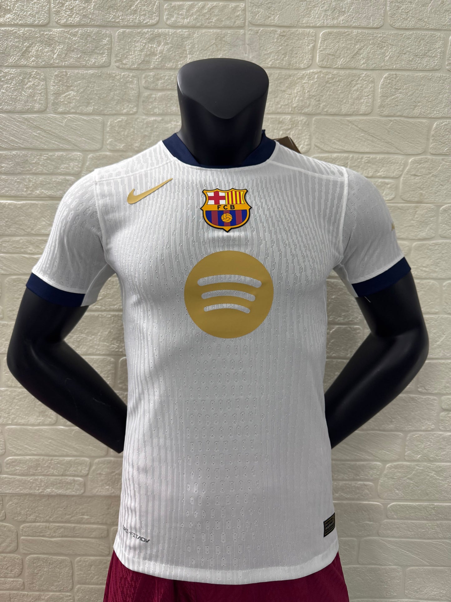 2025/26 FC Barcelona Special Edition Player Version Jersey - White Body Gold Details - Nike Dri-FIT ADV - Navy Blue Crew Neck & Cuffs - Gold Nike Swoosh - FCB Crest - Spotify Gold Sponsor