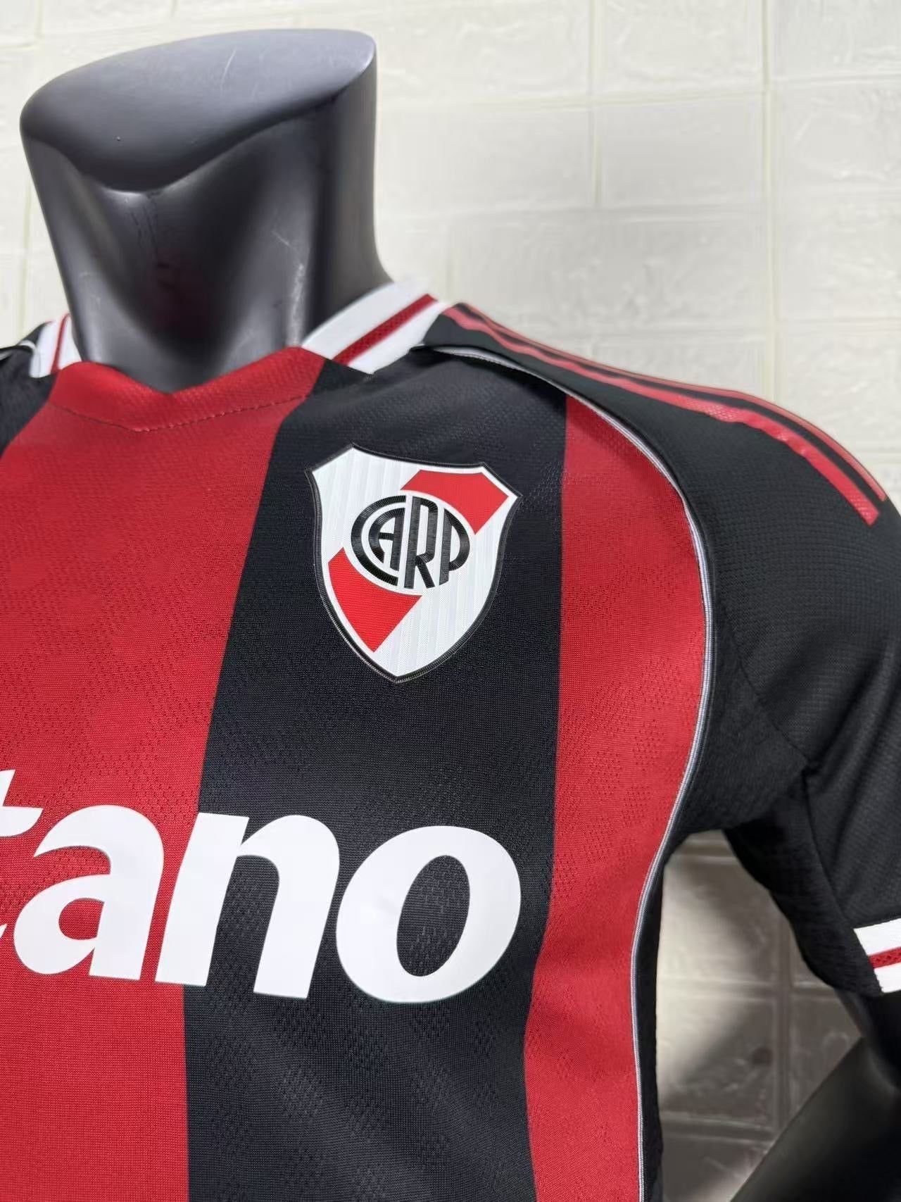 2025/26 River Plate Away Player Version Jersey -  Black Red Vertical Wide Stripe - White Red Striped V-Neck Collar - Betano White Sponsor