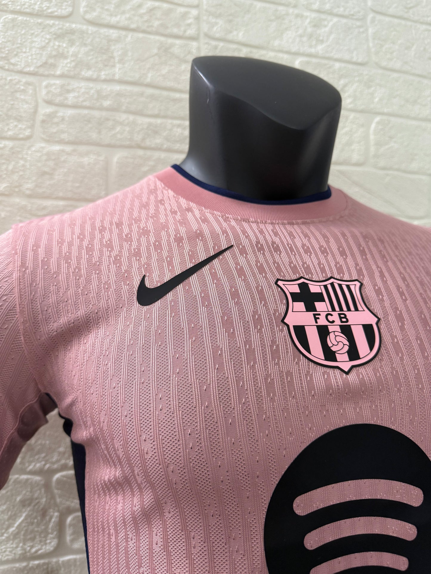 2025/26 FC Barcelona Third Player Version Jersey - Pink Body - Dri-FIT ADV - Pink Crew Neck Navy Blue Trim - Navy Blue Sleeve Cuffs - Black Nike Swoosh - FCB Pink Monochrome Crest - Spotify Black Sponsor
