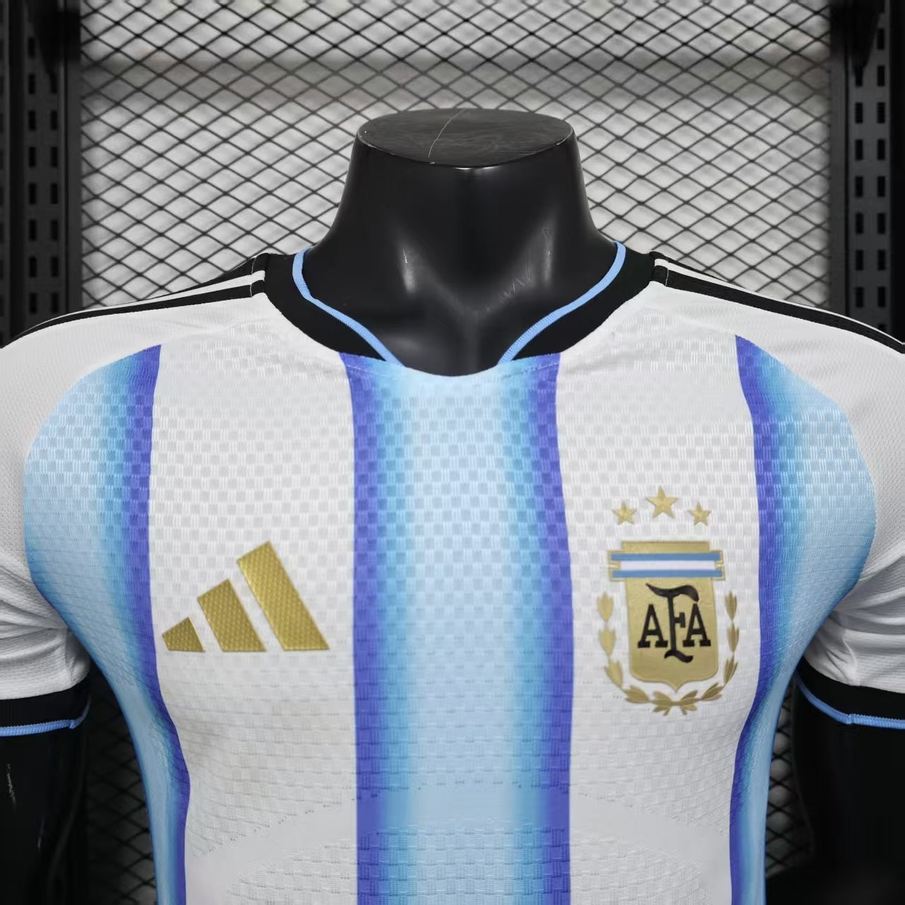 2025/26 Argentina Home Player Version Jersey - White Body Wide Sky Blue Vertical Stripes Diamond Mesh Texture Three Gold Stars Black Sleeve Cuff Trim - Gold Three Stripes - AFA Crest - Men's