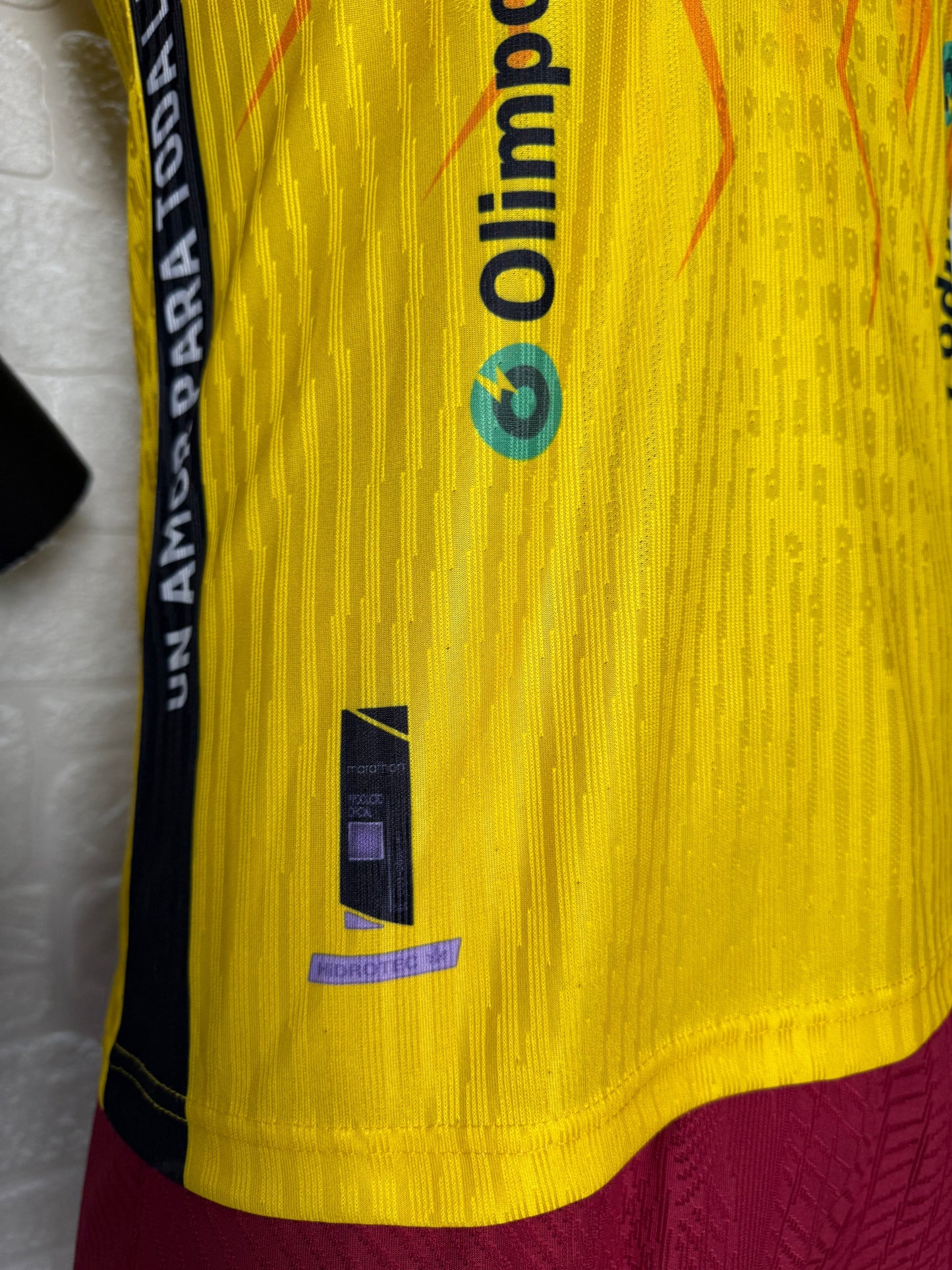 2025/26 Barcelona SC 100th Anniversary Player Version Jersey - Yellow Body Orange Flame Gradient - Marathon - Black V-Neck - Red Sleeve Cuffs - BSC Crest 1925-2025 - Pilsener Principal Sponsor