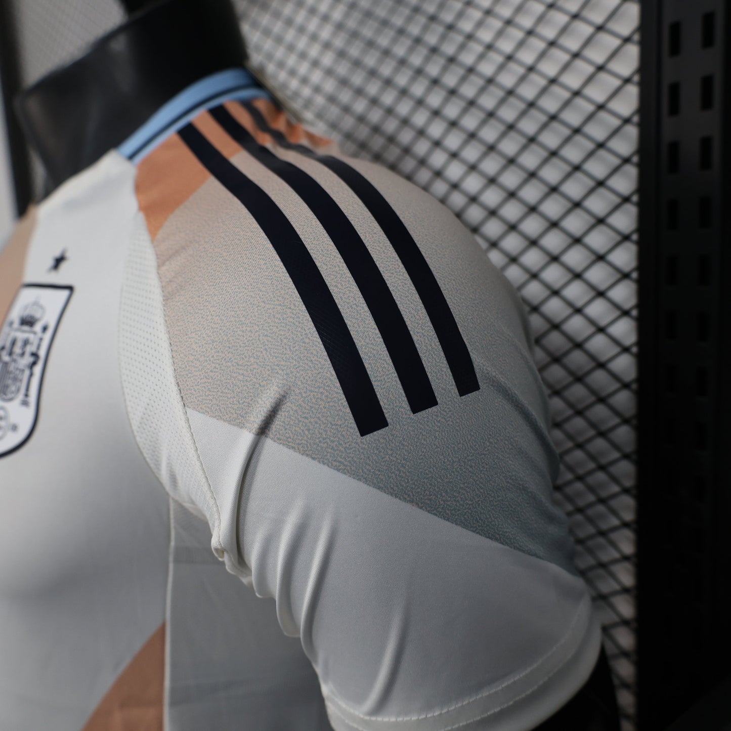 2025/26 Spain Pre-Match Player Version Jersey -White Body - Desert Tan Apricot & Light Blue-Grey Diagonal Colour Block Panels - Dark Navy Crew Neck Collar - RFEF Crest