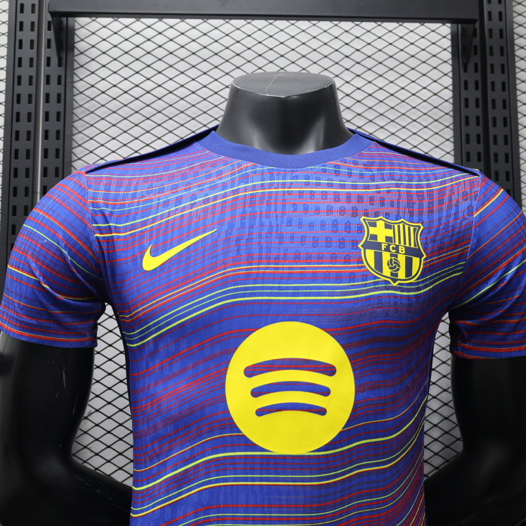 2025/26 FC Barcelona Pre-Match Player Version Jersey - Men's - Deep Purple-Blue Body Multicolour Wave Stripe - Dark Navy Crew Neck - Yellow Swoosh - FCB Crest - Spotify Yellow Sponsor