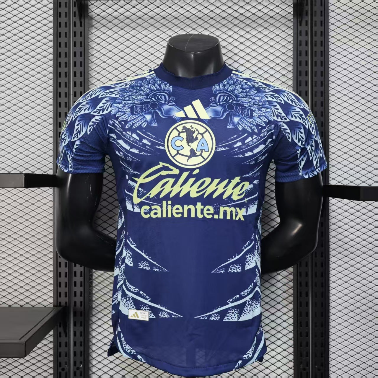 2025/26 Club América Away Player Version Jersey - Dark Navy Blue Body All-Over Aztec Eagle Deity Embossed Graphic -  Yellow-Green Three Stripes - Club América Crest - Caliente.mx Principal Sponsor