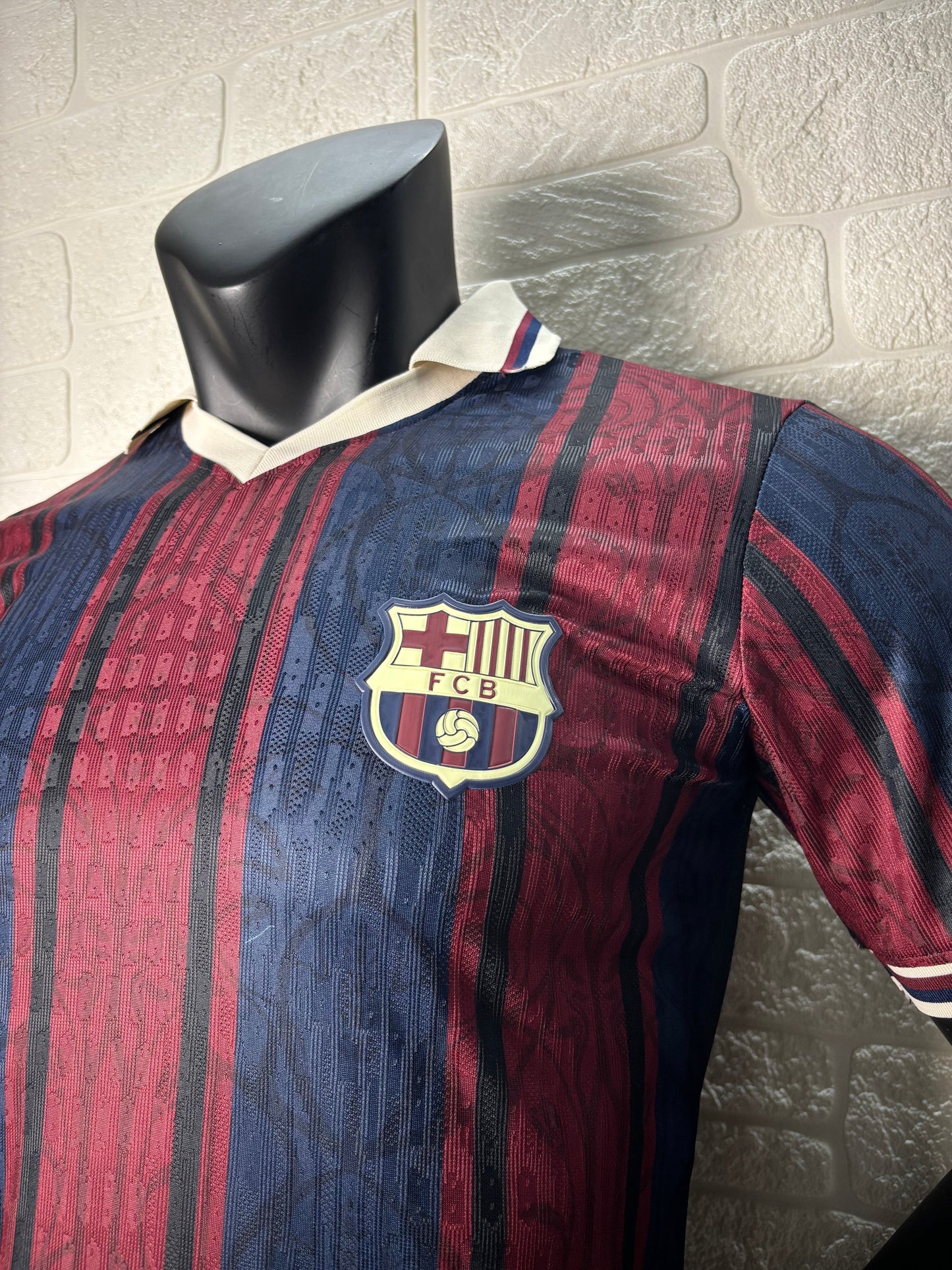 2025/26 FC Barcelona 125th Anniversary Edition Player Version Jersey - Dark Navy Blue & Deep Red Vertical Stripe - White V-Neck Collar - Gold Barça Script - Vintage FCB Crest - Clean Chest