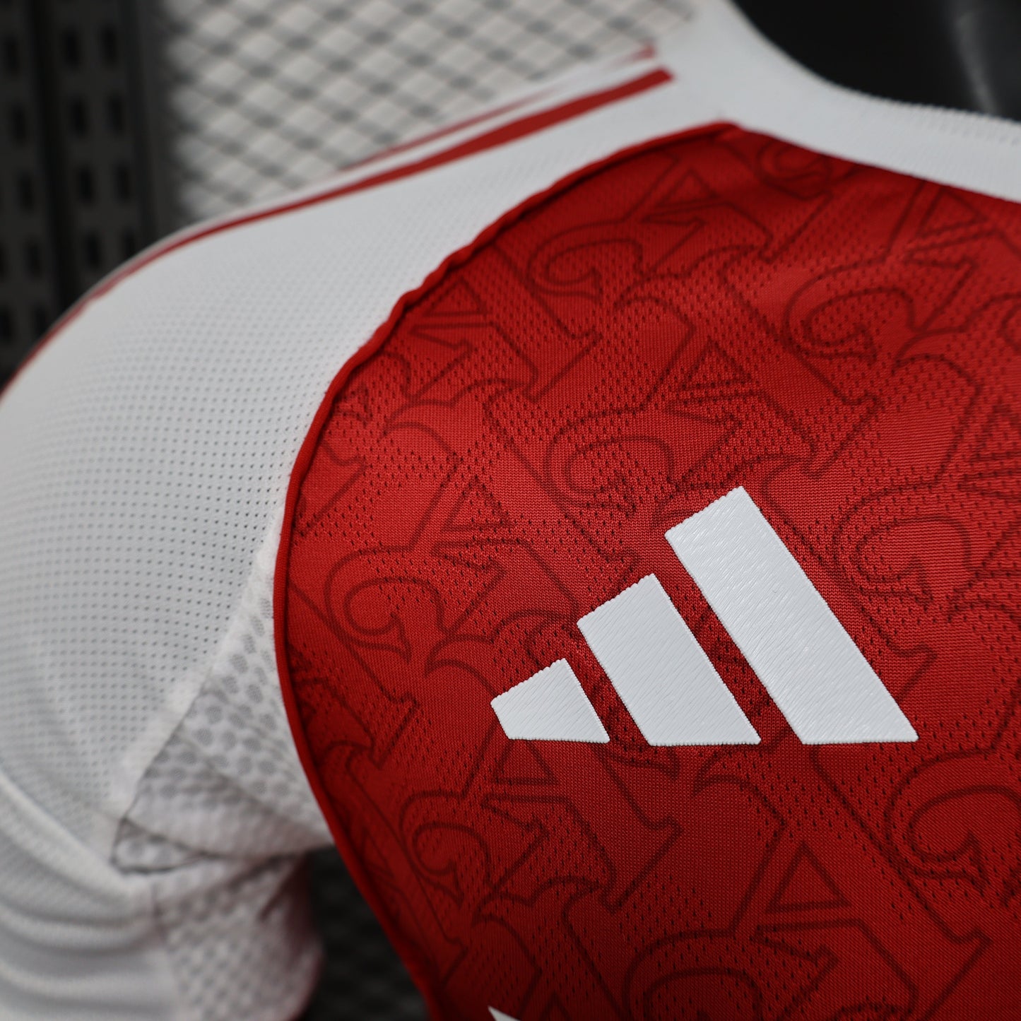 2025/26 Arsenal Home Player Version Jersey - Red Body White Sleeves All-Over Subtle Graphic Texture - White Three Stripes - Arsenal Cannon Crest - Emirates Fly Better Principal Sponsor - Men's