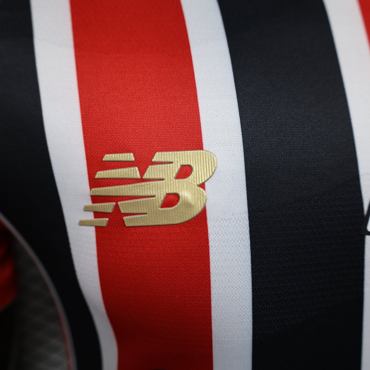 2025/26 São Paulo FC Away Player Version Jersey - New Balance - Red Black White Vertical Thin Stripe - Gold V-Neck Collar - SUPERBET White Sponsor