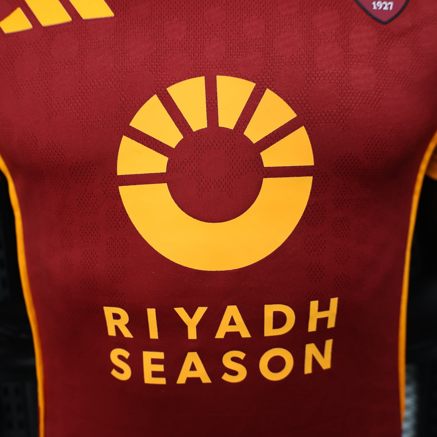 2025/26 AS Roma Home Player Version Jersey - Claret Dark Red Body - Gold Yellow Side Panels & Sleeves - Riyadh Season Gold Yellow Sponsor