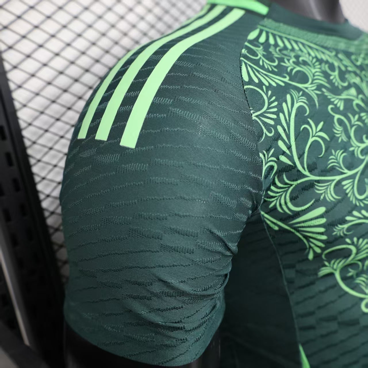 2025/26 Algeria Green Player Version Jersey - Dark Green Body All-Over Arabic-Inspired Floral Vine Embossed Texture - Adidas - Neon Green Side Seam Piping & Crew Neck Trim - Two Gold Stars - Algeria National Team Crest