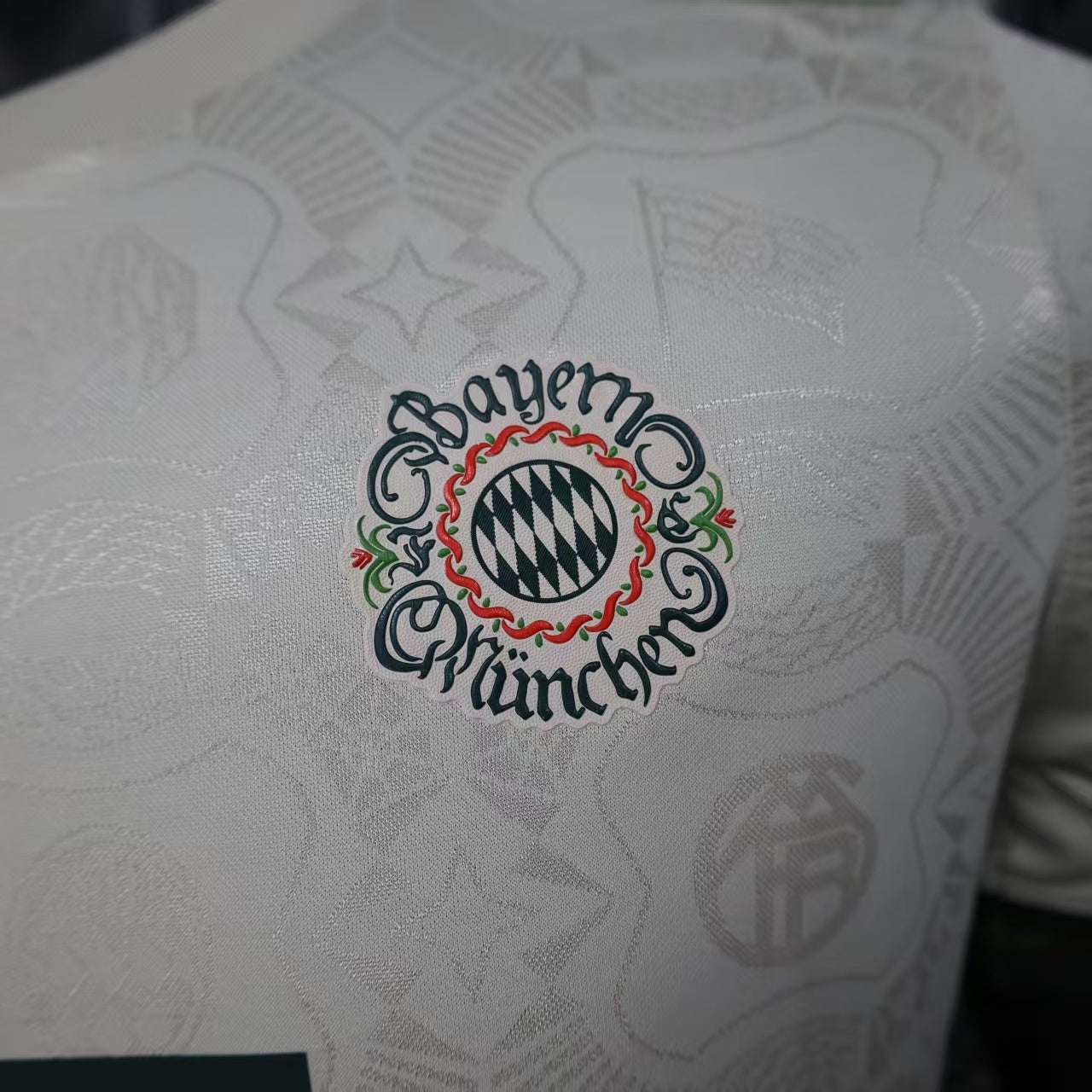 2025/26 Bayern Munich Beer Edition Player Version Jersey - Off-White Body - Dark Green Crew Neck Trim & Sleeve Cuffs - Bayern Munich Dark Green Special Crest - Deutsche Telekom T Dark Green Principal Sponsor