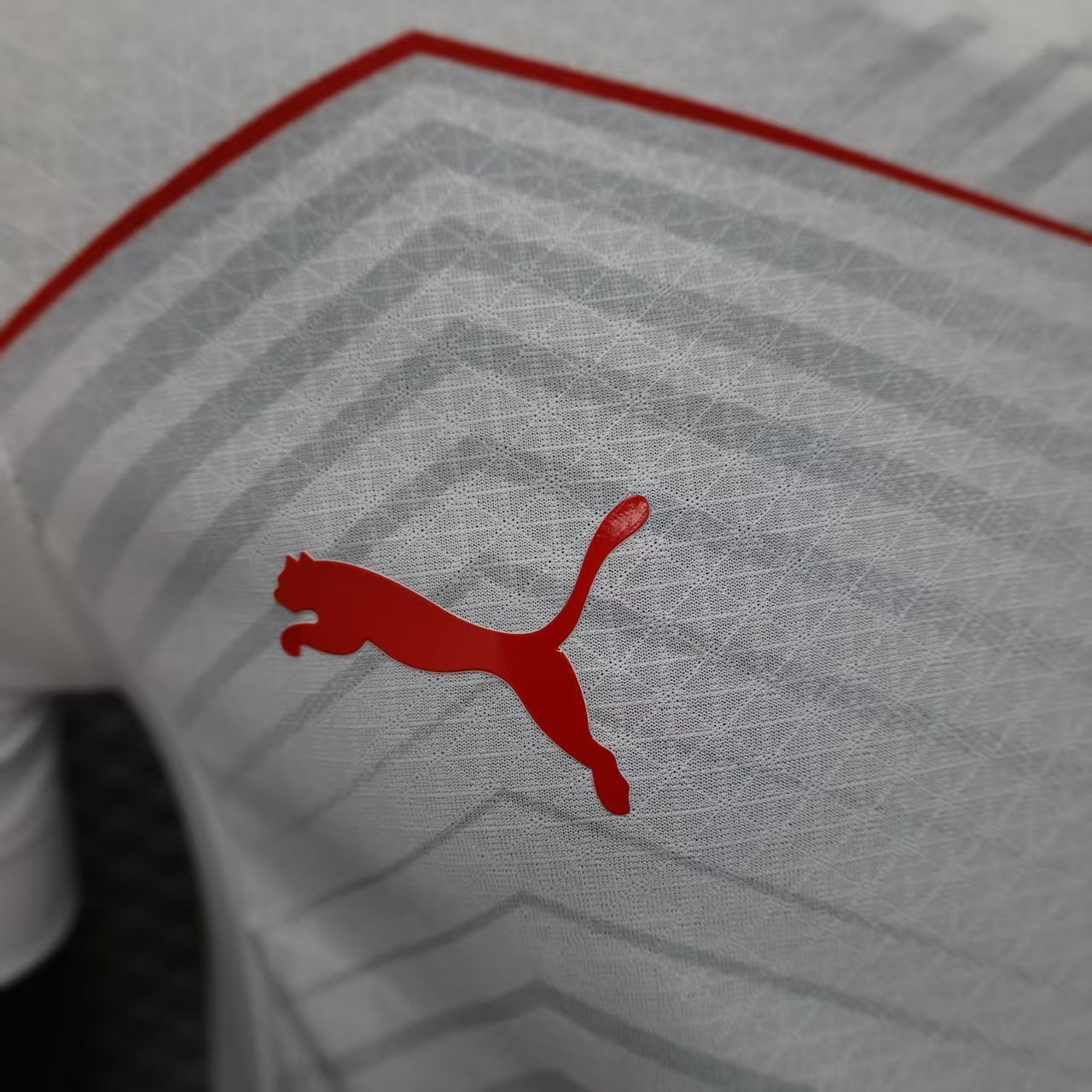 2025/26 RB Leipzig Home Player Version Jersey - White Red Geometric Arrow Chevron Pattern - Red Bull Double Bull Yellow Sun Crest