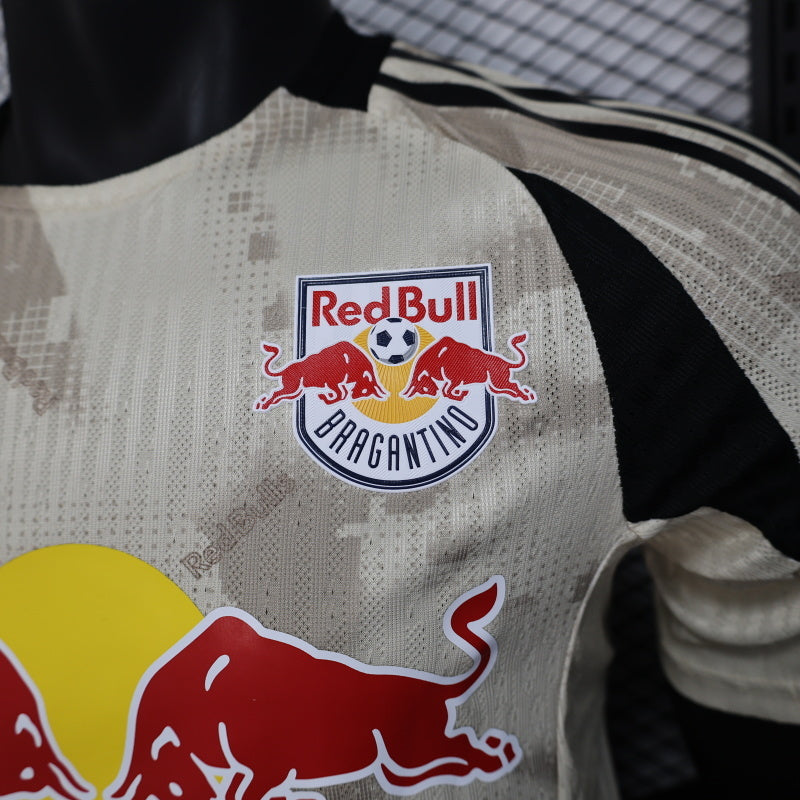 2025/26 New York Red Bulls Away Player Version Jersey - Adidas - Off-White Cream Desert Camouflage Pattern - Black Side Panels - Red Bull Double Bull Yellow Sun Crest