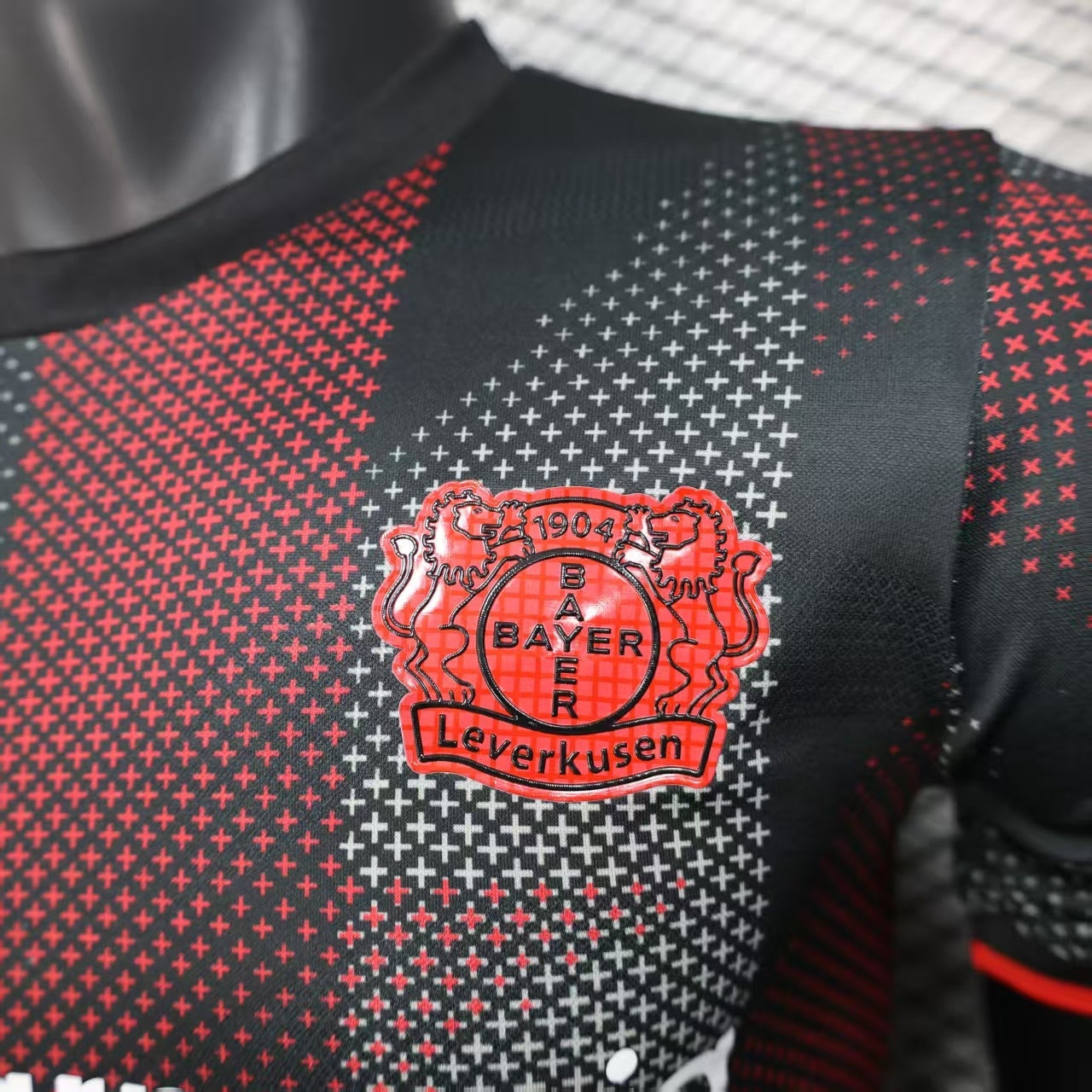 2025/26 Bayer Leverkusen Home Player Version Jersey - Black Dark Red Vertical Stripe All-Over Dot Texture -  Crew Neck Red Trim - Red Sleeve Cuffs - Bayer Leverkusen Crest - Barmenia Gothaer Principal Sponsor