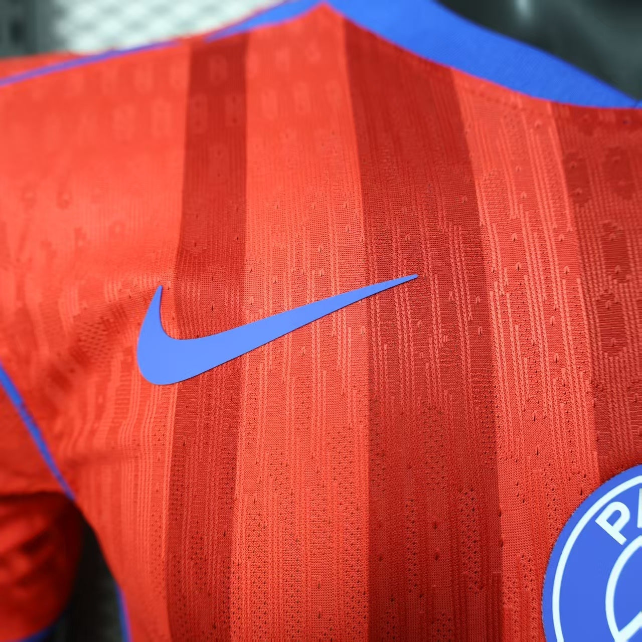 2025/26 PSG Third Away Player Version Jersey -  Red Blue - Qatar Airways - Tonal Vertical Stripe - Blue Collar Piping