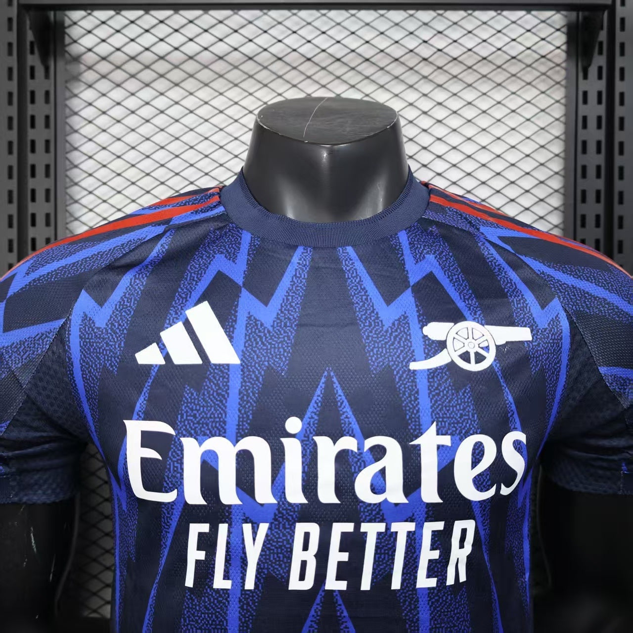 2025/26 Arsenal Away Player Version Jersey - Dark Navy Blue Body All-Over Blue Lightning Bolt Zigzag Graphic Red Sleeve Cuff Trim - White Three Stripes - Arsenal Cannon Crest - Emirates Fly Better - Men's