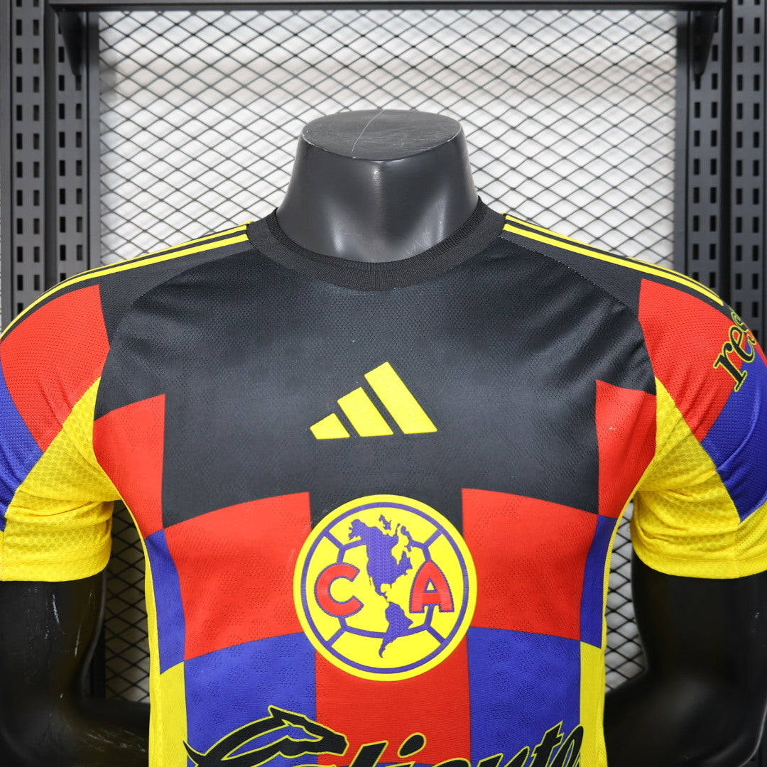 2025/26 Club América Home Player Version Jersey - Yellow Body Black Upper Chest Red Blue Geometric Colour Block Panels - Yellow Three Stripes - Club América Crest - Caliente.mx Principal Sponsor
