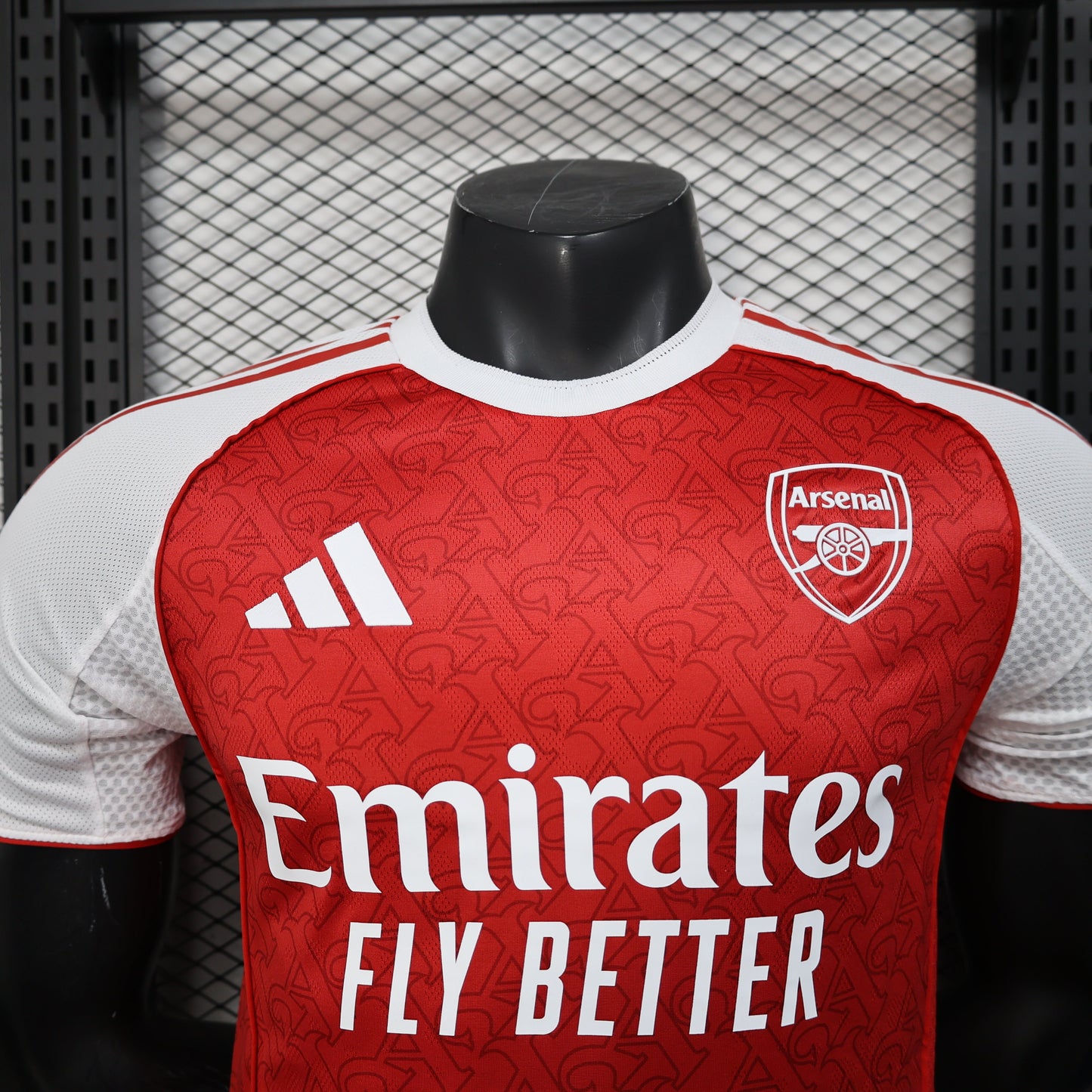 2025/26 Arsenal Home Player Version Jersey - Red Body White Sleeves All-Over Subtle Graphic Texture - White Three Stripes - Arsenal Cannon Crest - Emirates Fly Better Principal Sponsor - Men's