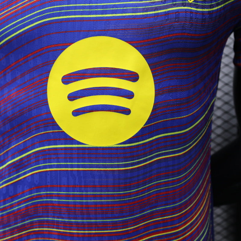 2025/26 FC Barcelona Pre-Match Player Version Jersey - Men's - Deep Purple-Blue Body Multicolour Wave Stripe - Dark Navy Crew Neck - Yellow Swoosh - FCB Crest - Spotify Yellow Sponsor