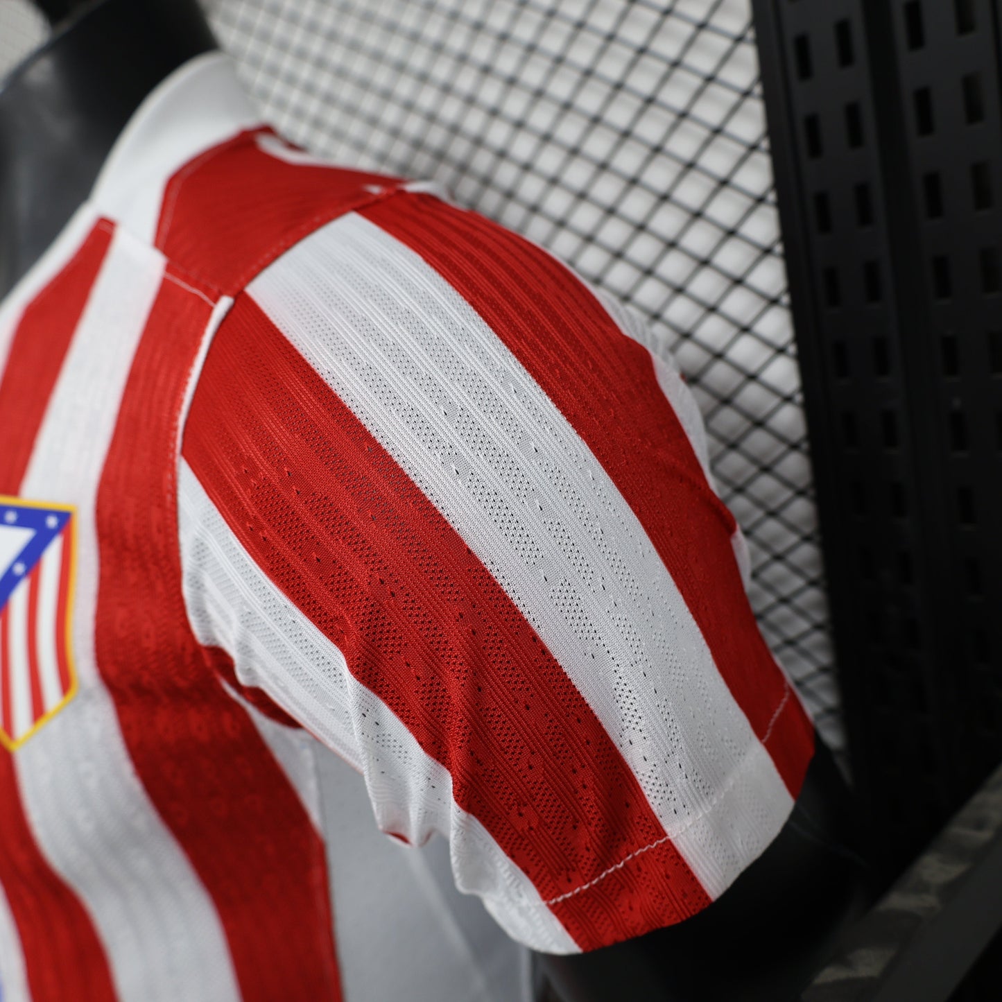 2025/26 Atlético de Madrid Home Player Version Jersey -  Red & White Vertical Wide Stripe - White V-Neck Collar - Blue Nike Swoosh - Atlético Crest - Riyadh Air Blue Sponsor