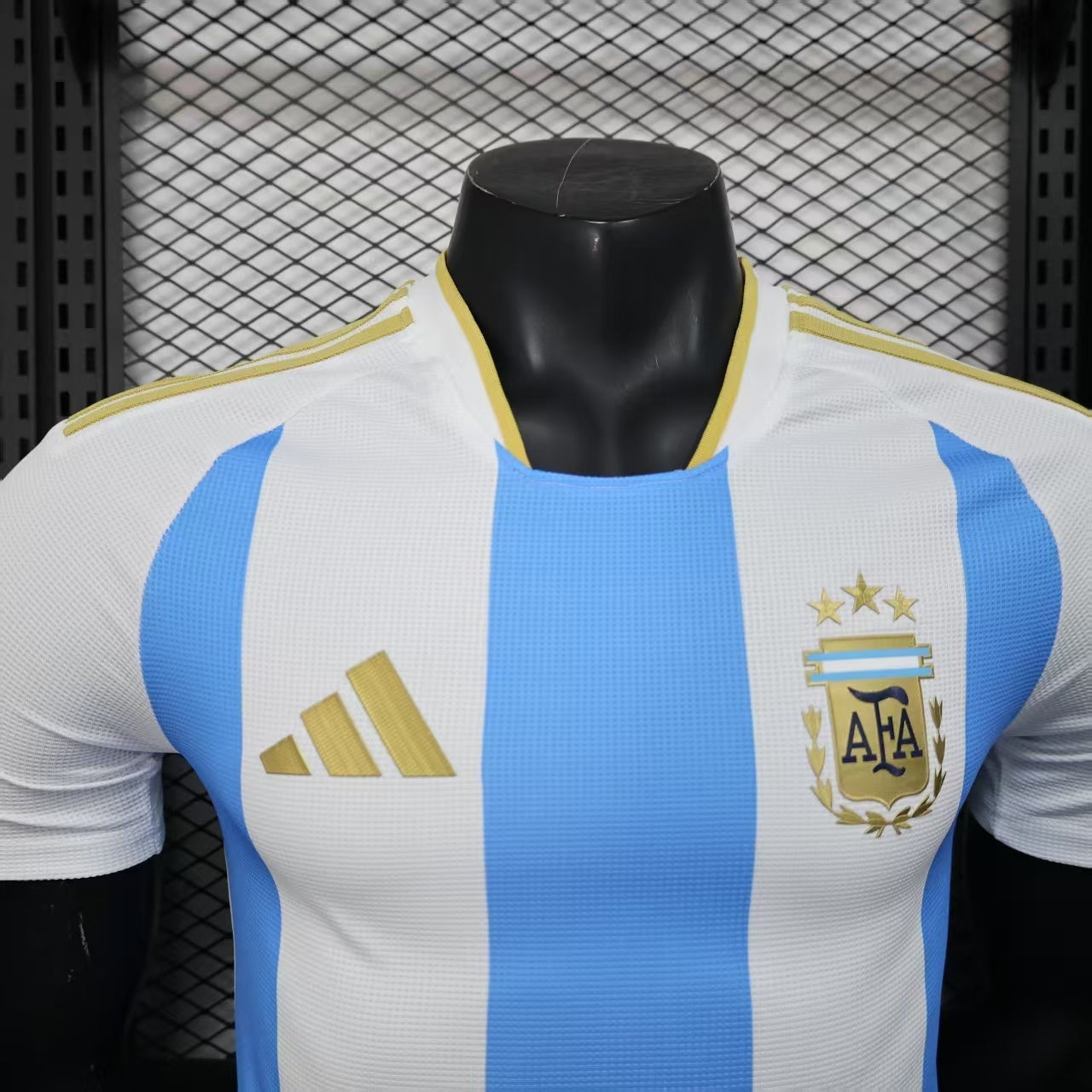 2025/26 Argentina Home Player Version Jersey - White Body Sky Blue Vertical Stripes Three Gold Stars - Gold Three Stripes - AFA Crest - Men's