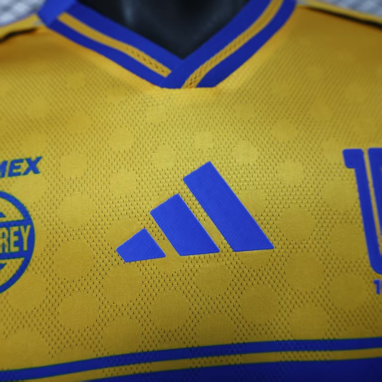 2025/26 Tigres UANL Home Player Version Jersey - Gold Yellow Body - Blue Horizontal Stripe Band - Blue Sleeves - CEMEX Blue Sponsor - Tigres U Crest
