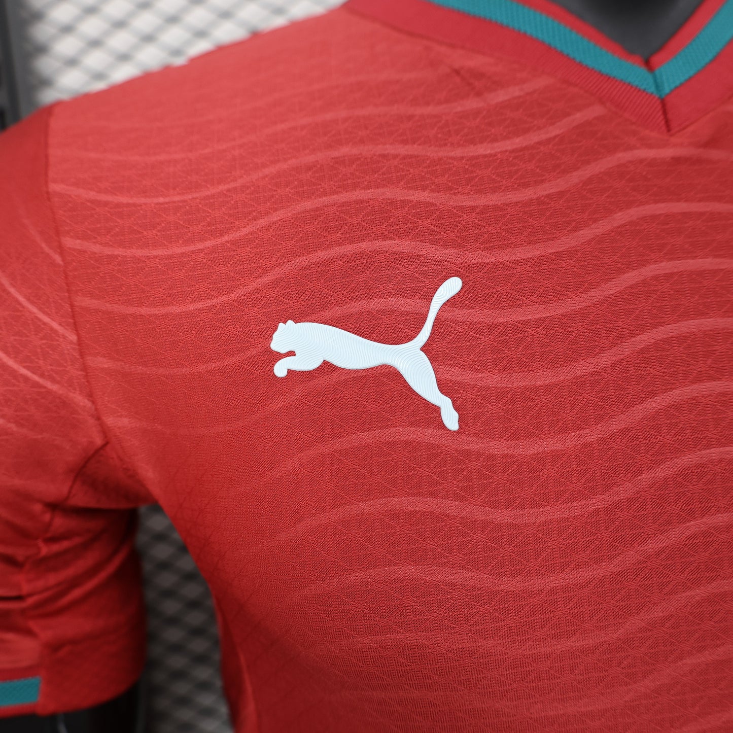 2025/26 Portugal National Team Home Player Version Jersey - Red Tonal Wavy Stripe - Teal V-Neck Collar & Cuff Trim - FPF Crest