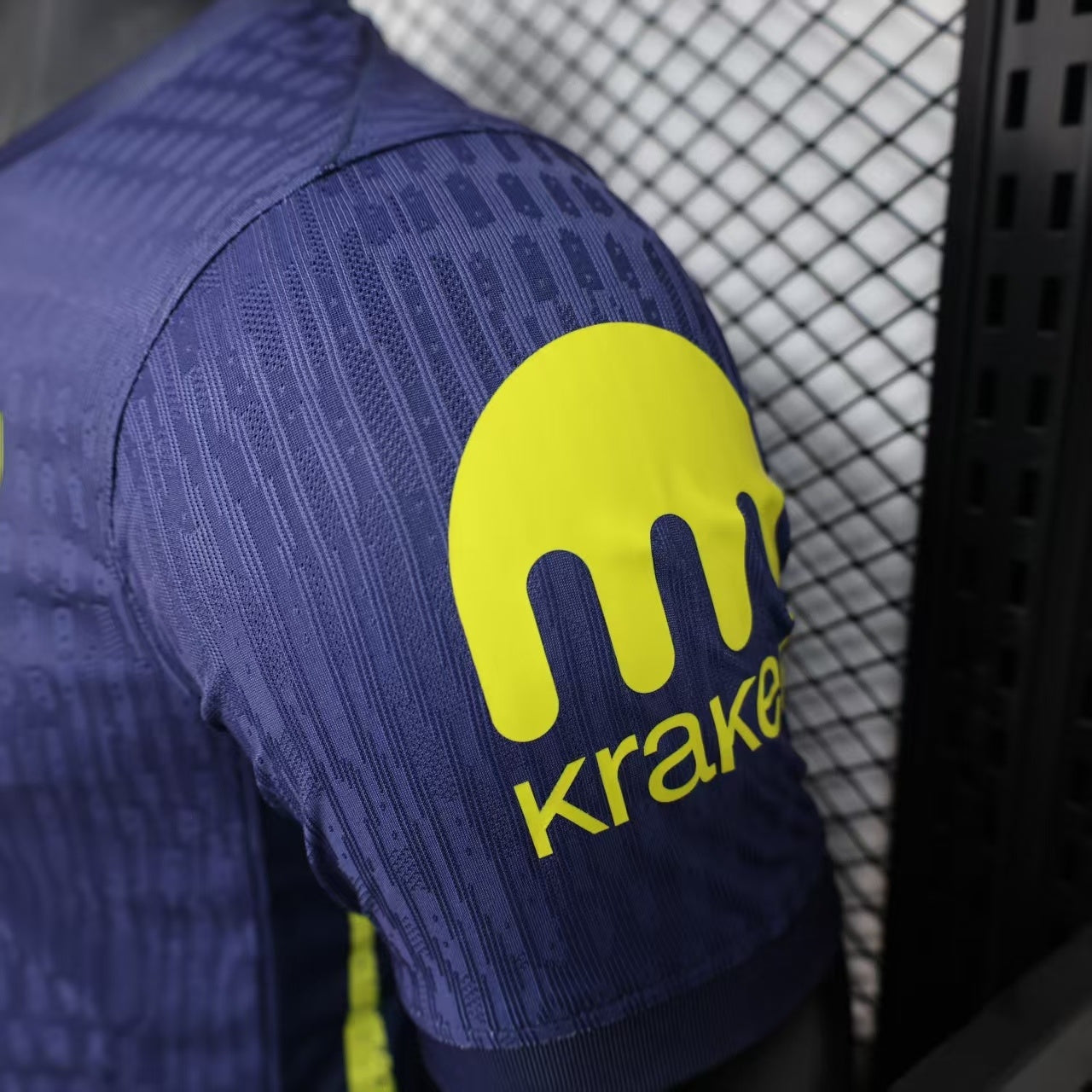 2025/26 Atlético Madrid Away Player Version Jersey - Deep Purple-Navy Body All-Over Subtle Geometric Tonal Texture Deep Purple-Navy V-Neck Collar - Nike Volt Yellow-Green Swoosh - Atlético Madrid Official Shield Crest Volt Yellow-Green