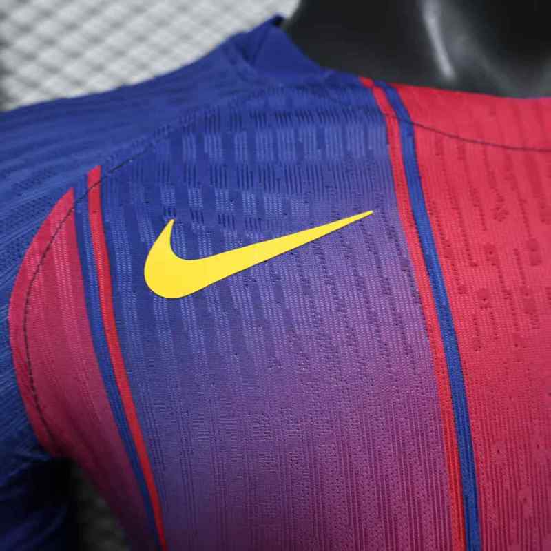 2025/26 FC Barcelona Home Player Version Jersey - Men's - Clean Chest No Sponsor - Dri-FIT ADV - Royal Blue & Deep Red Vertical Wide Stripe - White Crew Neck - Yellow Nike Swoosh - FCB Crest