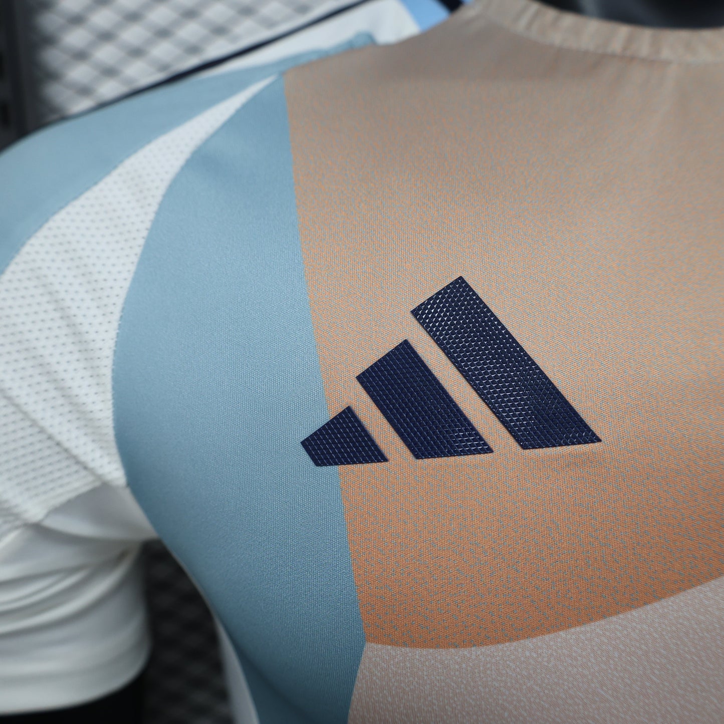 2025/26 Spain Pre-Match Player Version Jersey -White Body - Desert Tan Apricot & Light Blue-Grey Diagonal Colour Block Panels - Dark Navy Crew Neck Collar - RFEF Crest