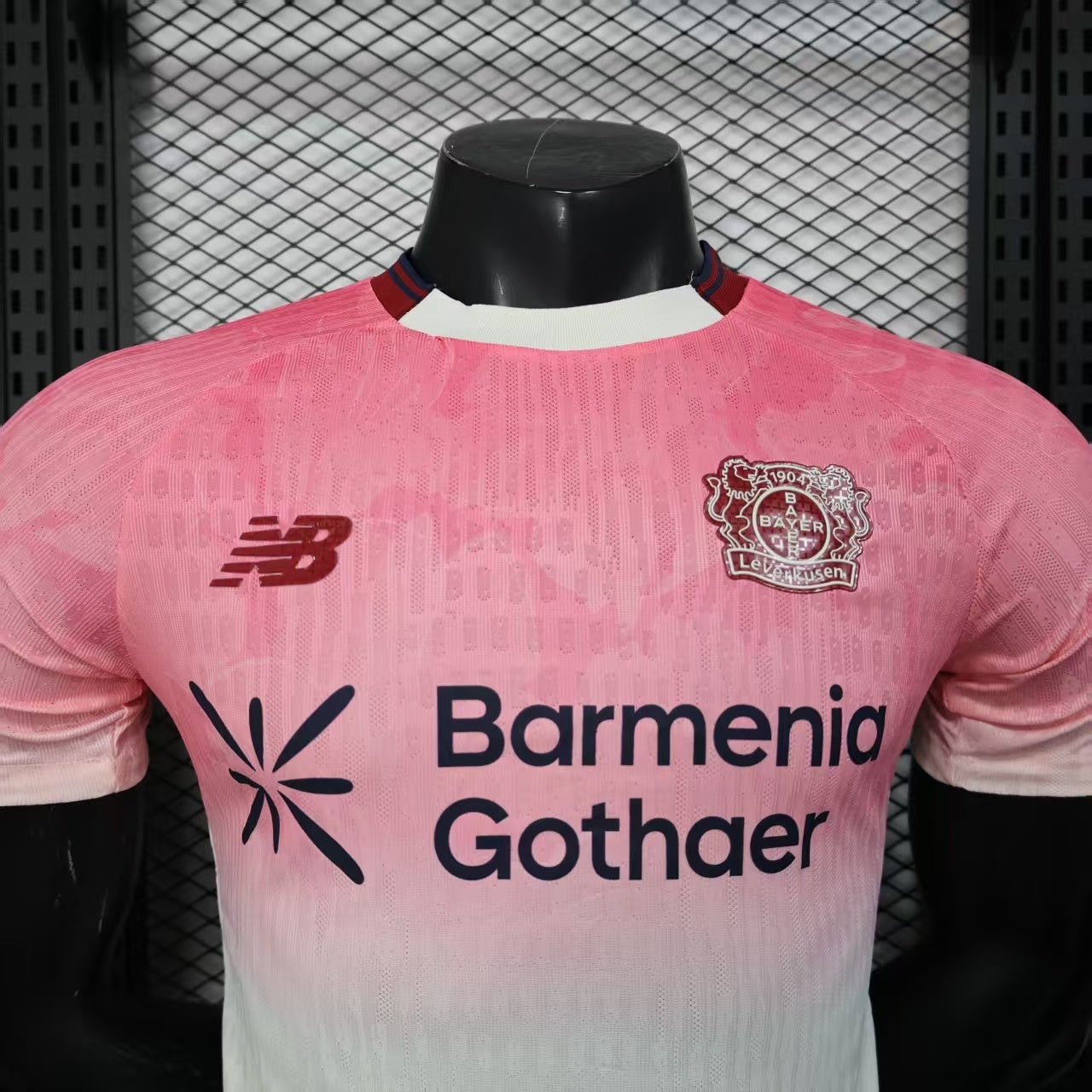 2025/26 Bayer Leverkusen Away Player Version Jersey - Pink-to-White Gradient - New Balance - Crew Neck Dark Red Trim - Bayer Leverkusen Crest - Barmenia Gothaer Principal Sponsor