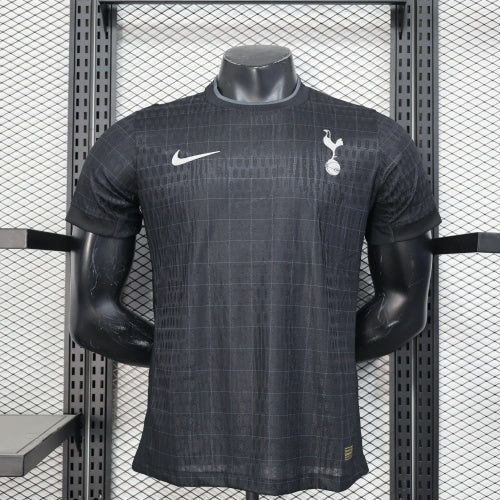 2025/26 Tottenham Hotspur Away Player Version Jersey -  All-Black Body - Black-on-Black Tonal Grid Diamond Check Texture - White Nike Swoosh - White Spurs Cockerel Crest