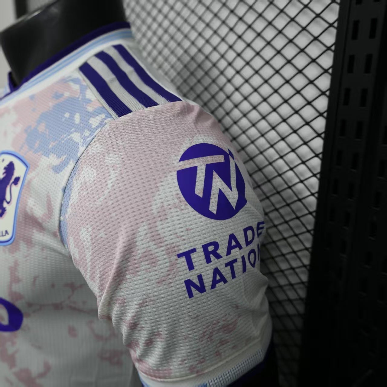 2025/26 Aston Villa Away Player Version Jersey - White Body All-Over Blue Pink Watercolour Wash Camo Graphic Dark Navy V-Neck Collar Dark Navy Sleeve Cuff Trim - Originals Trefoil - Aston Villa Lion Shield Crest - Betano - Men's