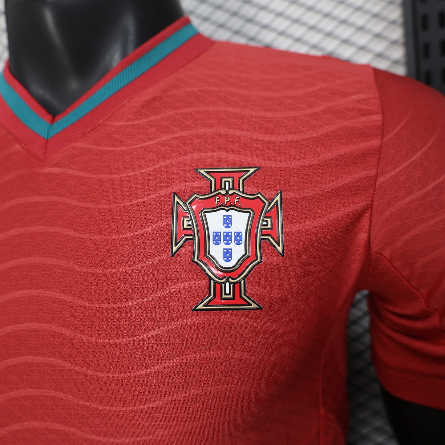 2025/26 Portugal National Team Home Player Version Jersey - Red Tonal Wavy Stripe - Teal V-Neck Collar & Cuff Trim - FPF Crest