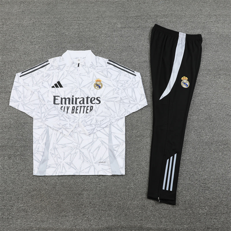 Real Madrid 2024/25 White Geometric Crystal Pattern Adidas Training Tracksuit – Quarter-Zip Top & Black Tapered Pants | Emirates La Liga Training Suit