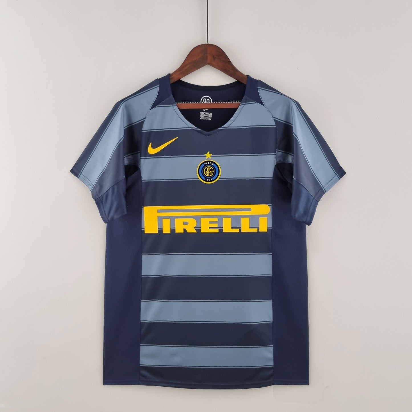 Inter Milan 2004-05 Third Retro Jersey – Nike Navy Blue Grey Stripe Pirelli Adriano Zanetti Davids Vieri Cambiasso Serie A Fan Version Football Shirt