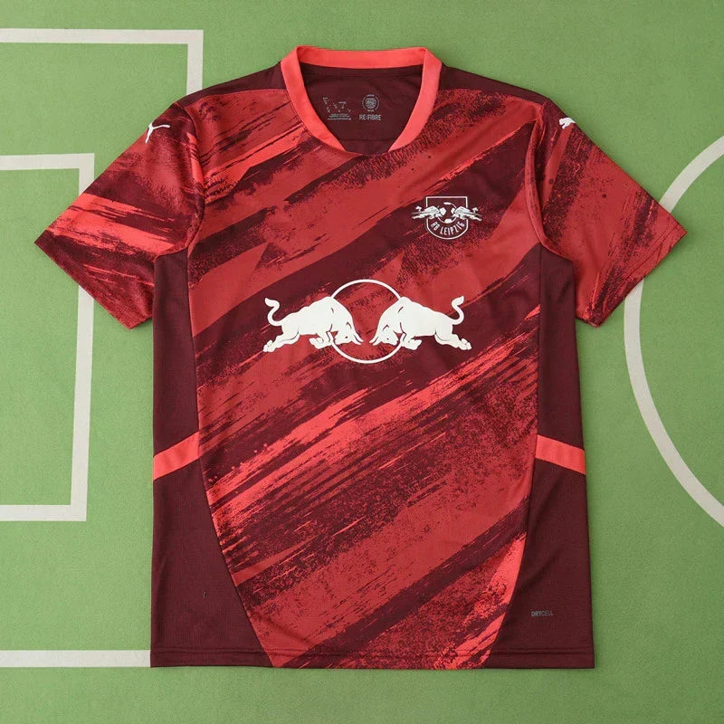 RB Leipzig Away Fan Version 2024/25 – Maroon & Red Brushstroke Print Bundesliga Football Jersey | Double Bull Crest