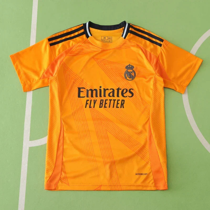 Real Madrid CF Away Kids Kit 2024/25 – Orange & Black Adidas Children's Football Jersey | Mbappé Bellingham Vini Jr. Youth La Liga Kit