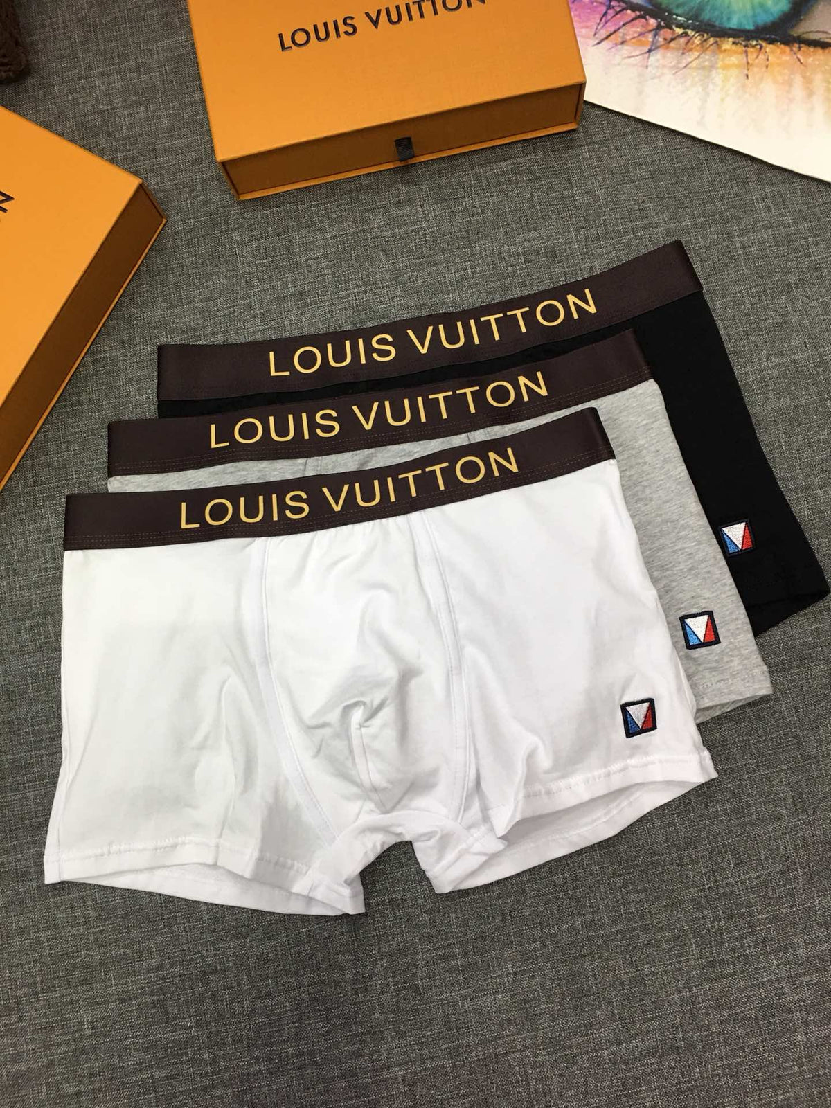 Louis Vuitton Black Grey White Gold Wordmark Boxer Briefs, image 2