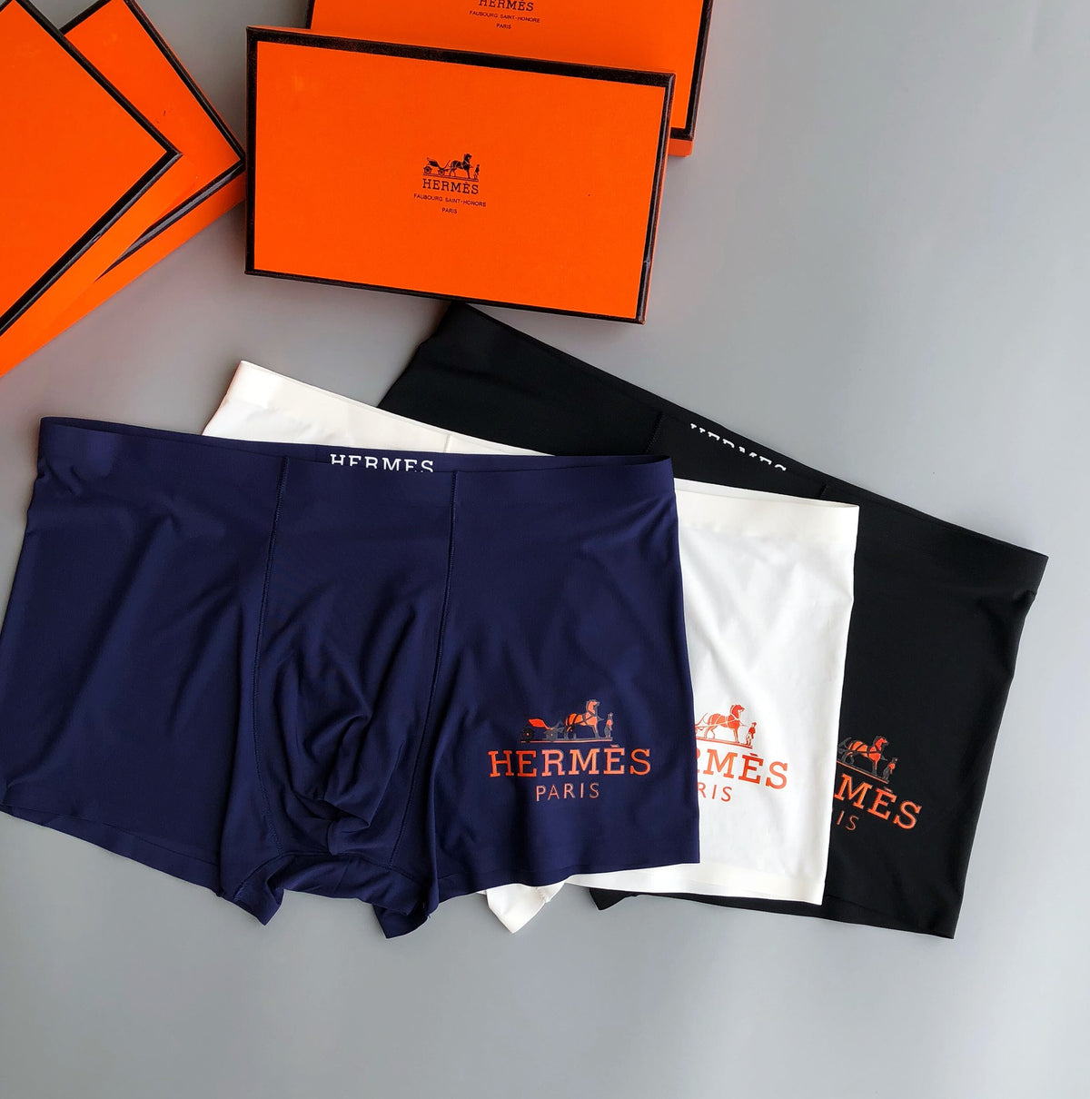 Hermès Folded Navy Cream Black Carriage Text Boxer Briefs, image 4