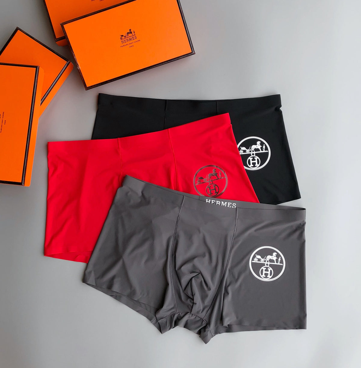 Hermès Red Grey Black Round H Motifs Boxer Briefs, image 1
