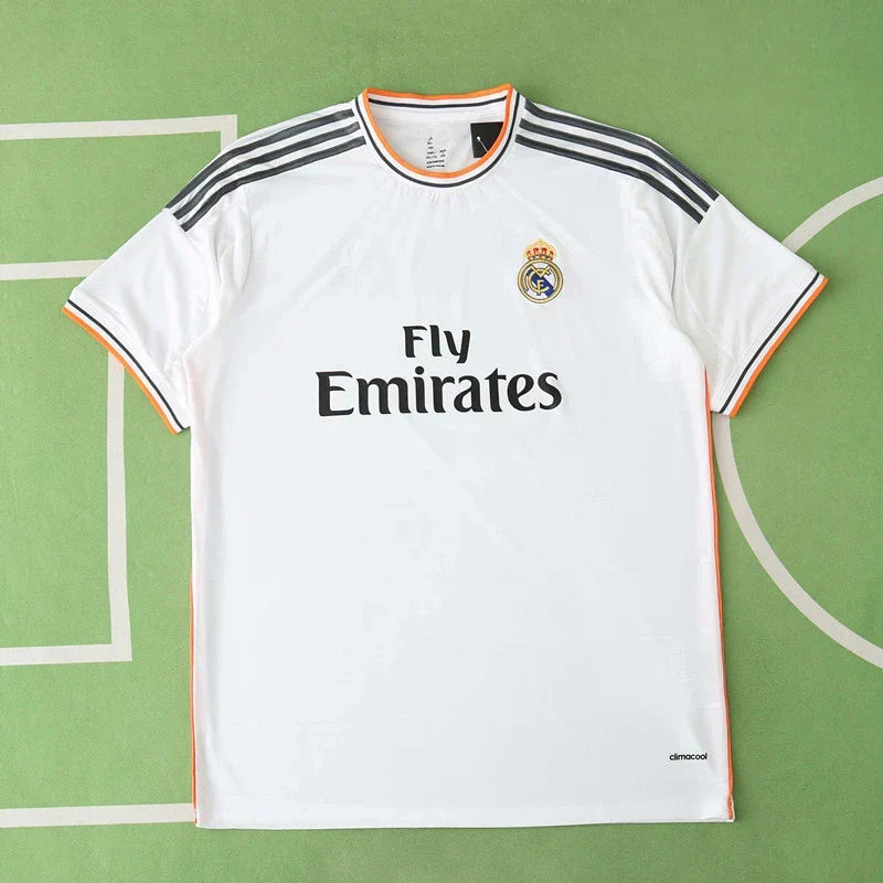 Real Madrid CF Home Retro Fan Version Jersey 2013/14 – White Football Shirt with Orange & Black Trim