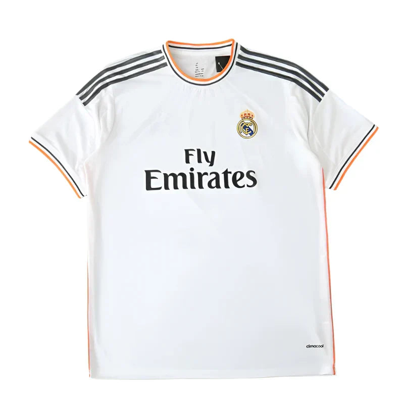 Real Madrid CF Home Retro Fan Version Jersey 2013/14 – White Football Shirt with Orange & Black Trim