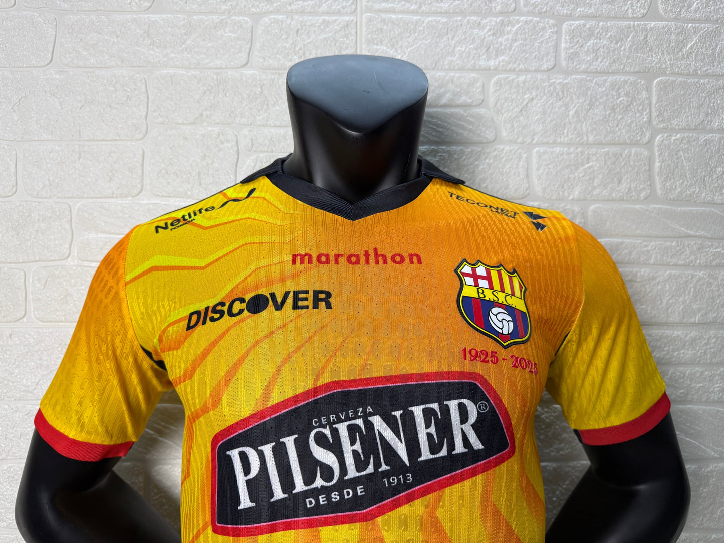 2025/26 Barcelona SC 100th Anniversary Player Version Jersey - Yellow Body Orange Flame Gradient - Marathon - Black V-Neck - Red Sleeve Cuffs - BSC Crest 1925-2025 - Pilsener Principal Sponsor