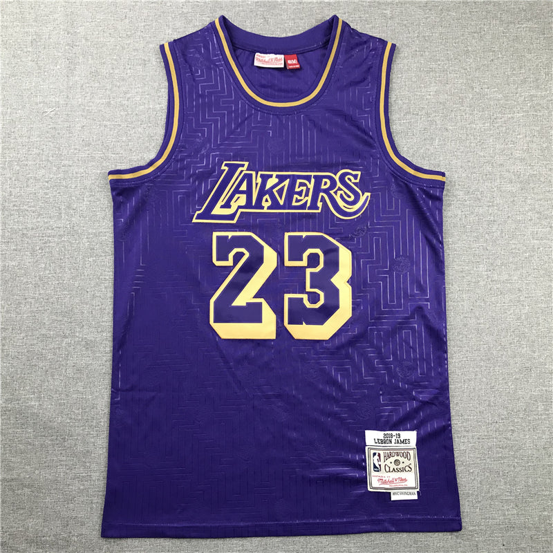 LeBron James #23 Los Angeles Lakers Purple 2018-19 Chinese New Year Gold Maze Mitchell & Ness Hardwood Classics Swingman Jersey