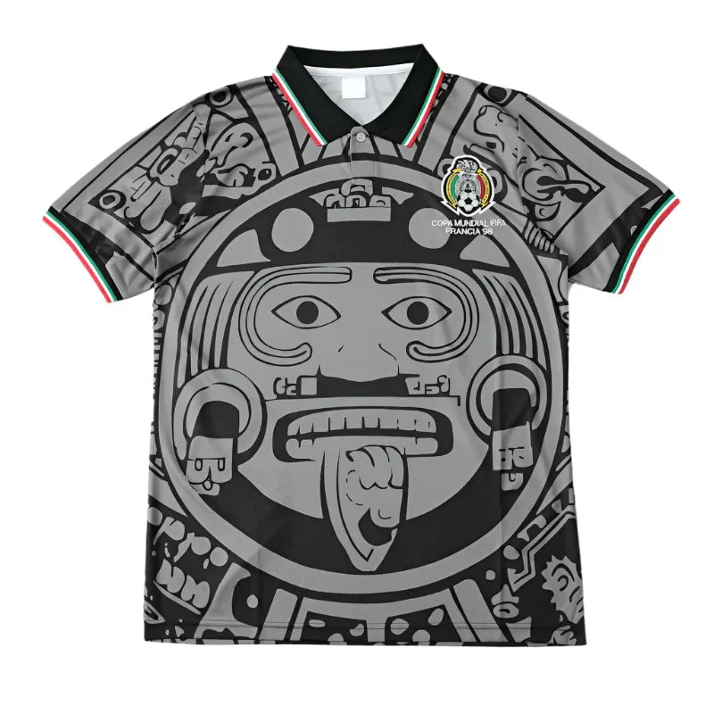Mexico Away Retro Fan Version Jersey 1998 – Black Grey Aztec Sun Stone France World Cup Football Shirt