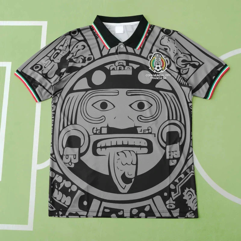 Mexico Away Retro Fan Version Jersey 1998 – Black Grey Aztec Sun Stone France World Cup Football Shirt